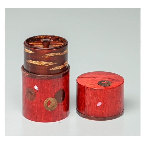 Japanese crest pattern and raden shell sakura petals decorated cherry bark tea canister