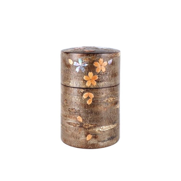 Japanese fluttering cherry blossom petals and raden shell decorated cherry bark tea canister