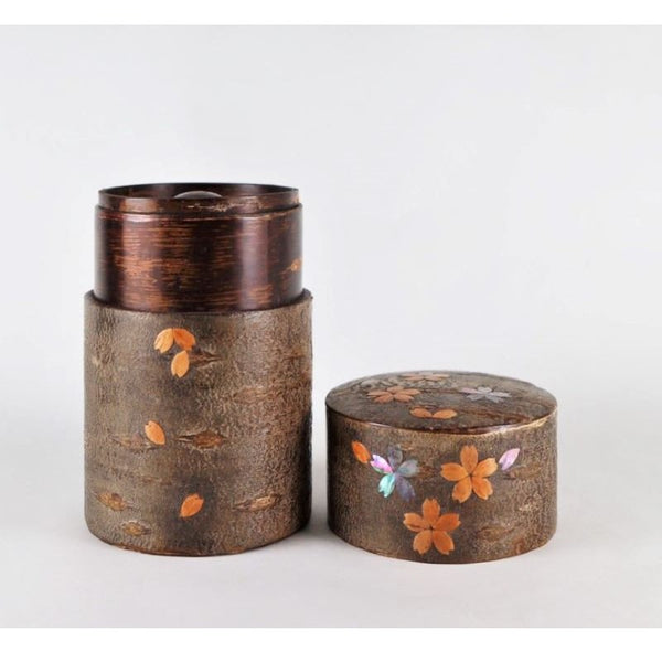 Japanese fluttering cherry blossom petals and raden shell decorated cherry bark tea canister