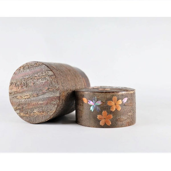 Japanese fluttering cherry blossom petals and raden shell decorated cherry bark tea canister