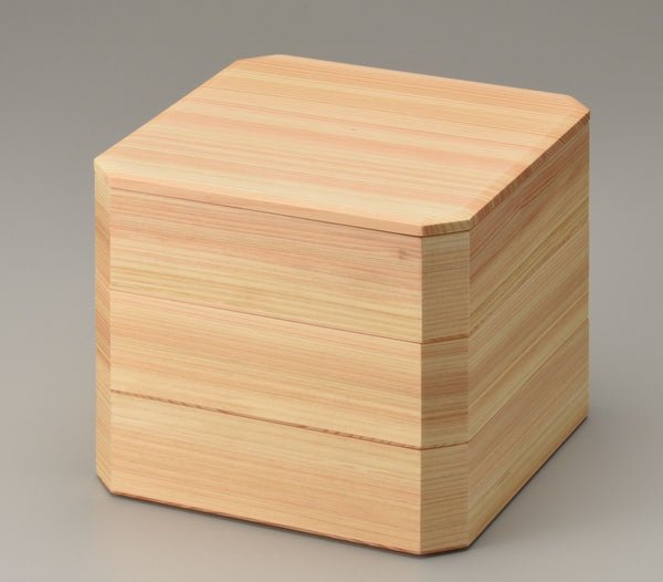 Japanese cypress Hinoki natural design square cut corners three-tiered food box Jubako